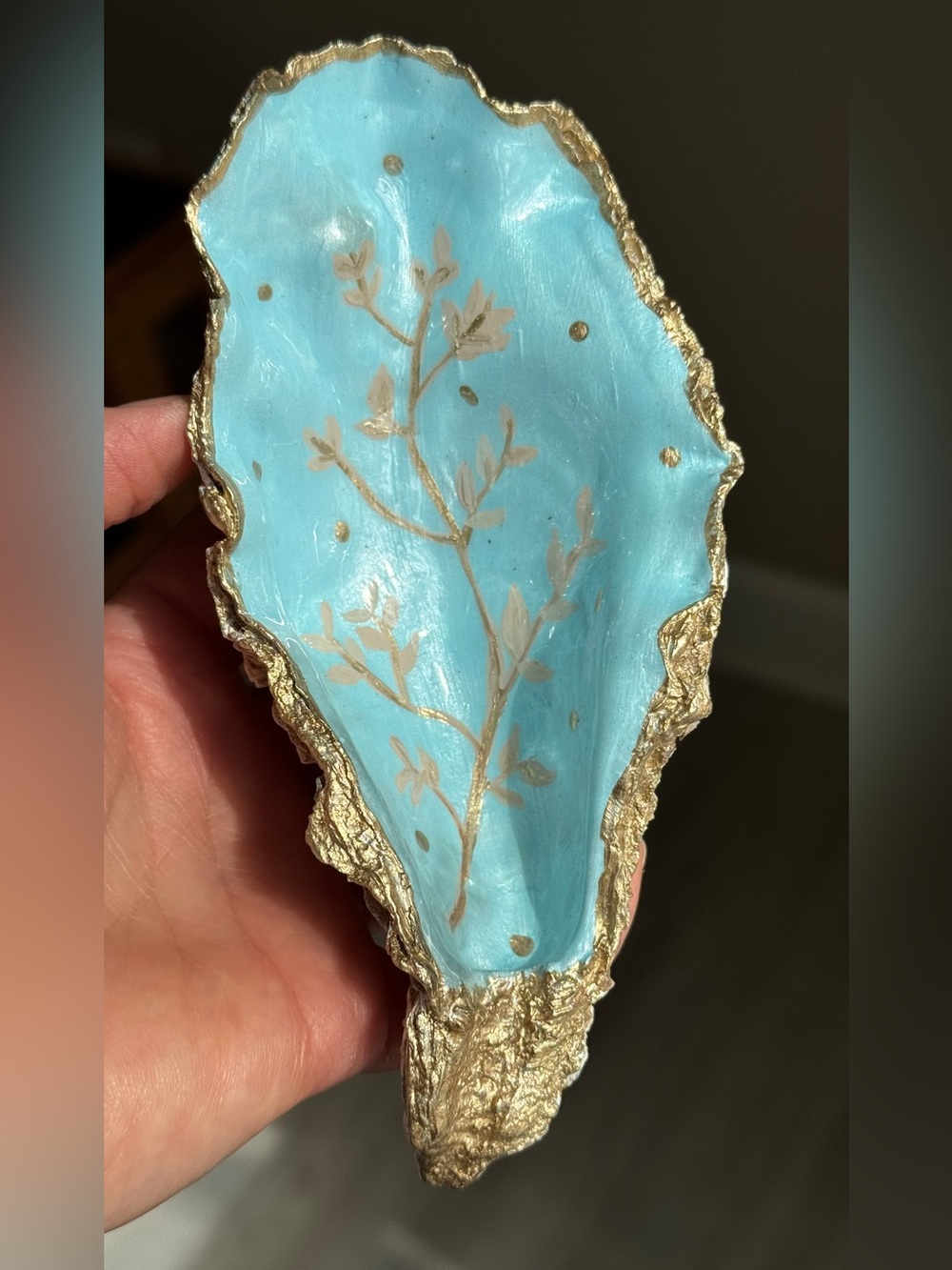 Hand-Painted Teal and Gold Decorative Dish made in Oyster Shell - Home Accents